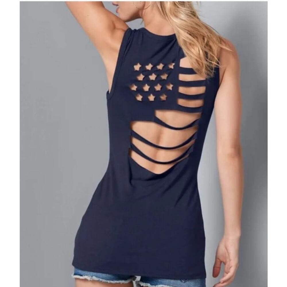 Patriotic "Land of the Free" Navy Laser-Cut Flag Tank Top Size Small